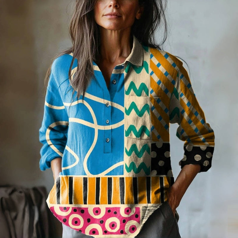 Velia - Blusa Vintage con Estampado Geométrico