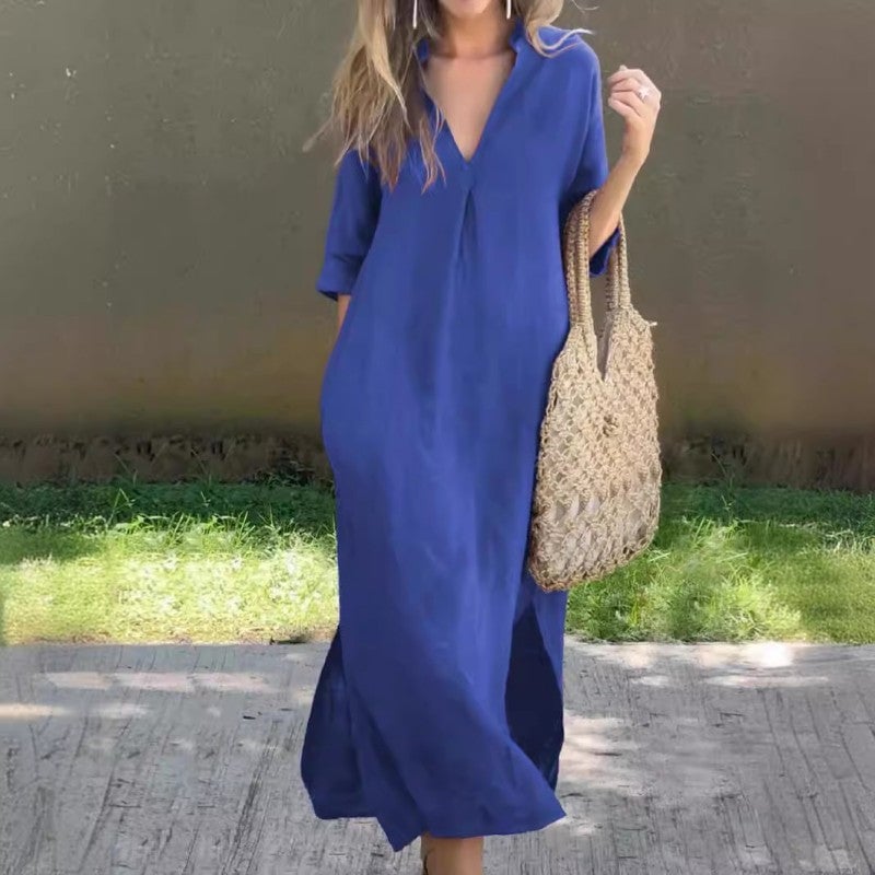 Fionja - Vestido De Lino Estilo Casual Con Cuello En V