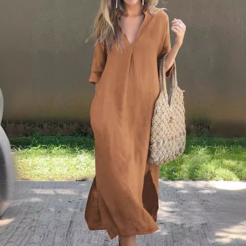 Fionja - Vestido De Lino Estilo Casual Con Cuello En V