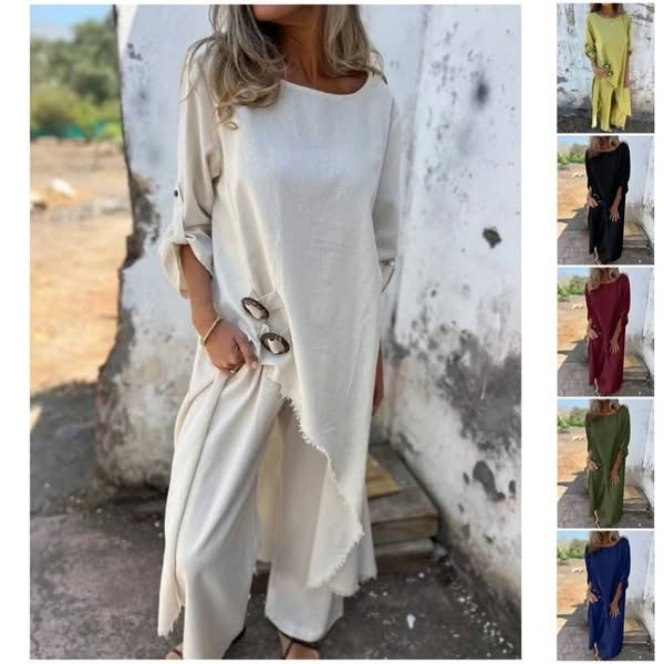 Yeliz - Elegante Traje de dos Piezas de Algodón y Lino