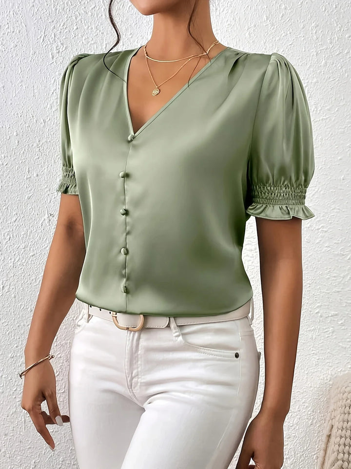 Abella - Elegante Blusa Con Cuello En V y Mangas Abullonadas