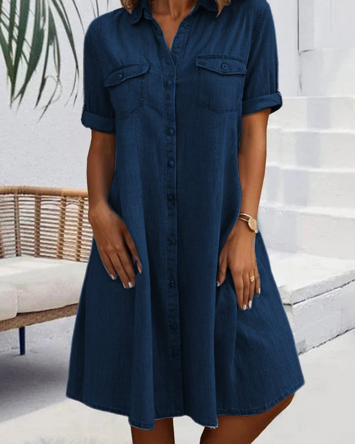 Sveta - Vestido Vaquero de Manga Corta con Botones