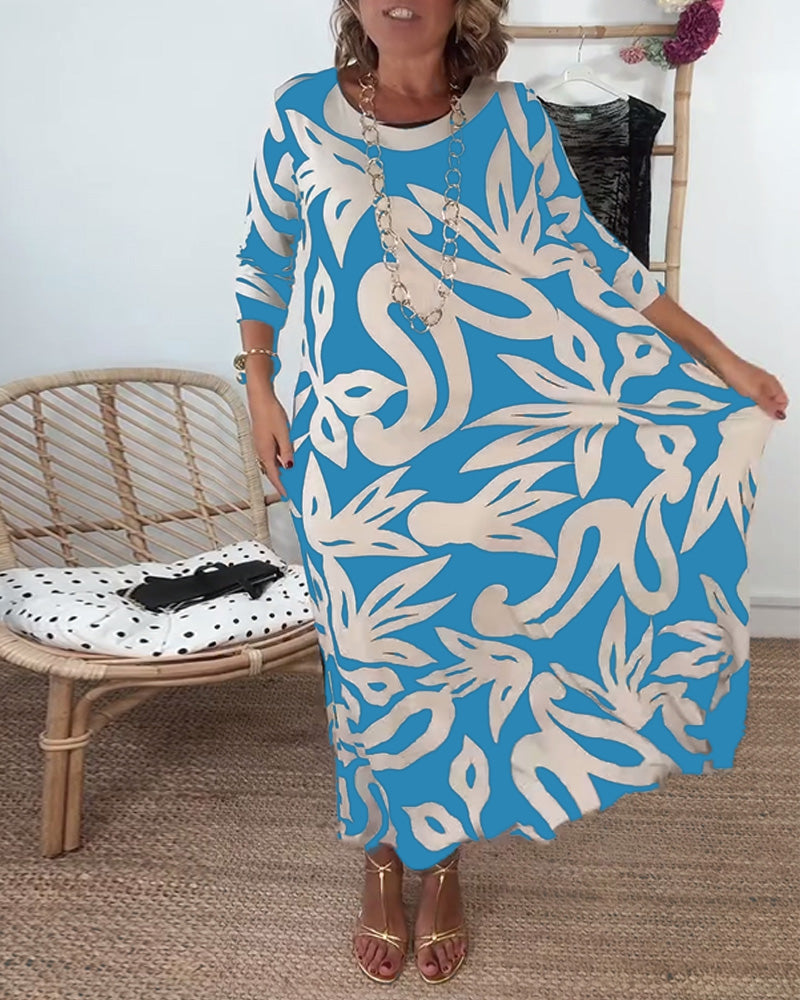 Halina - Vestido de Cuello Redondo, Manga Larga y Estampado
