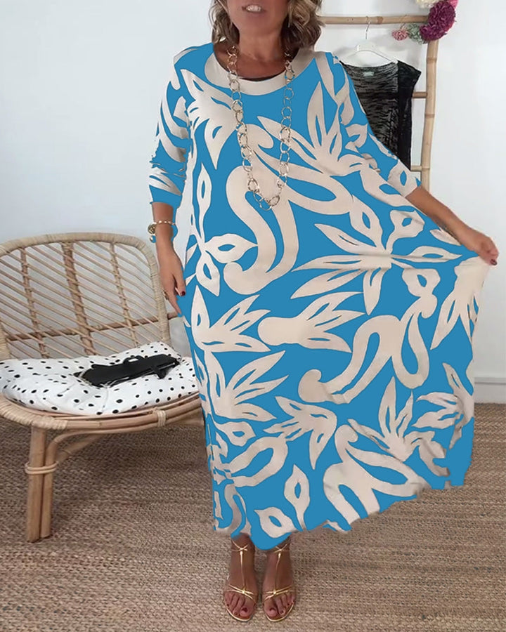 Halina - Vestido de Cuello Redondo, Manga Larga y Estampado
