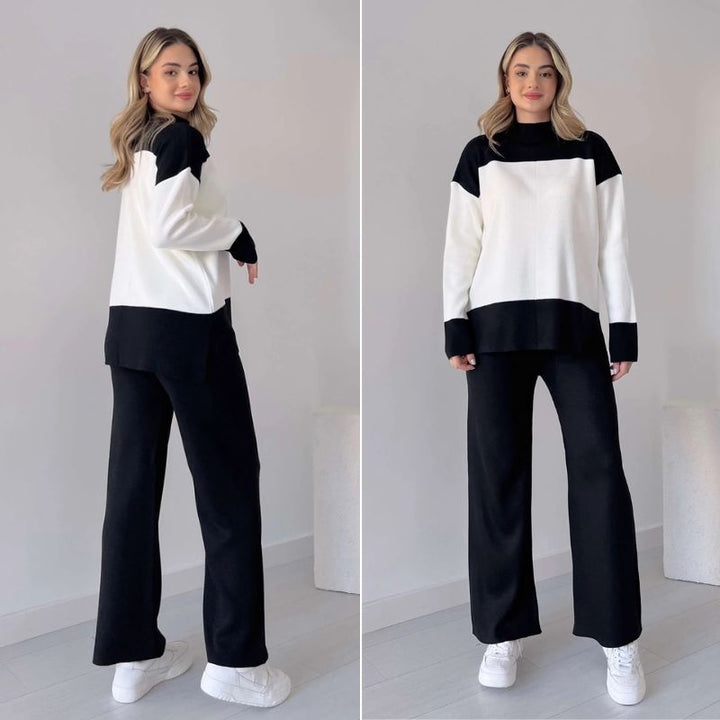 Wenja - Conjunto de dos Piezas top de Cuello Redondo y Pantalón Ancho