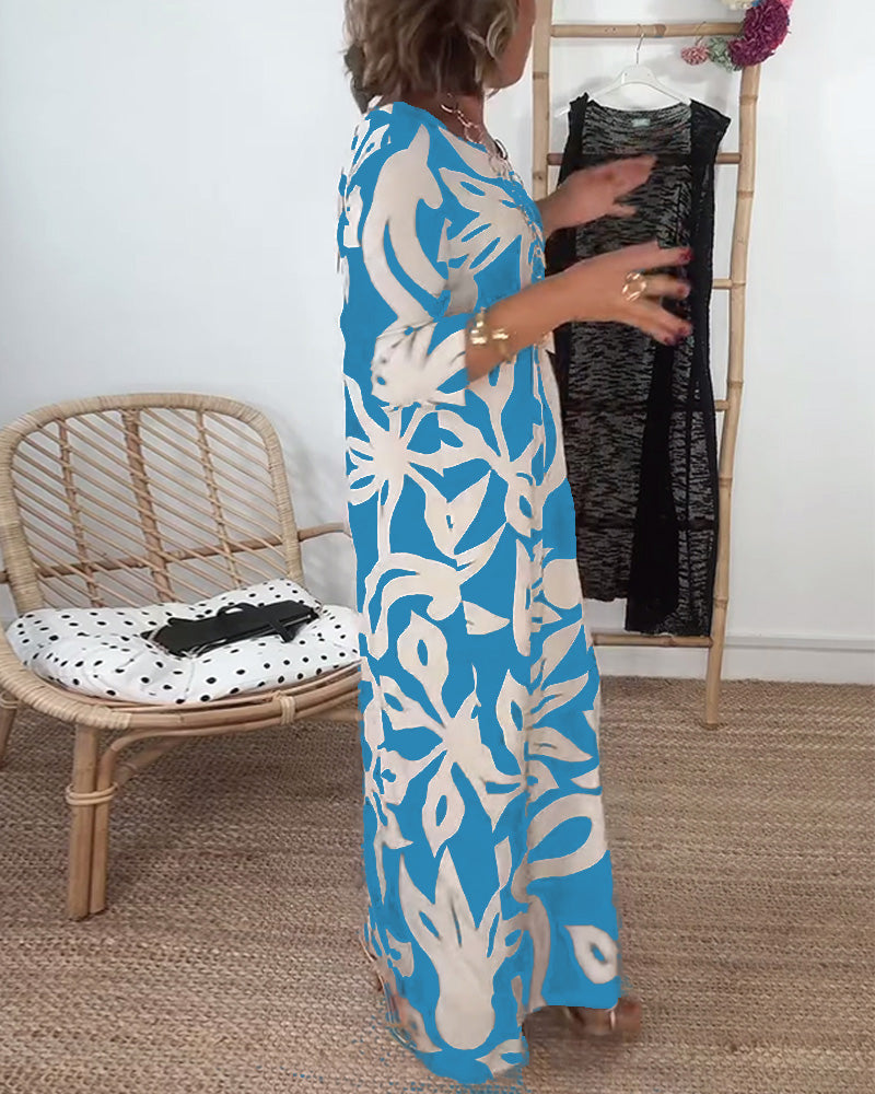 Halina - Vestido de Cuello Redondo, Manga Larga y Estampado