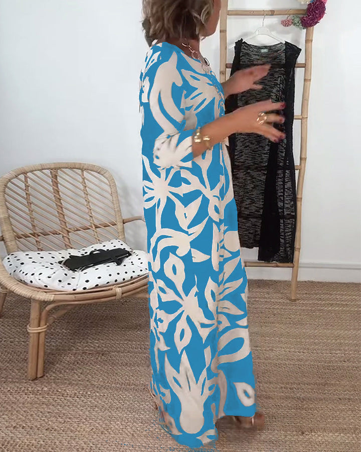 Halina - Vestido de Cuello Redondo, Manga Larga y Estampado