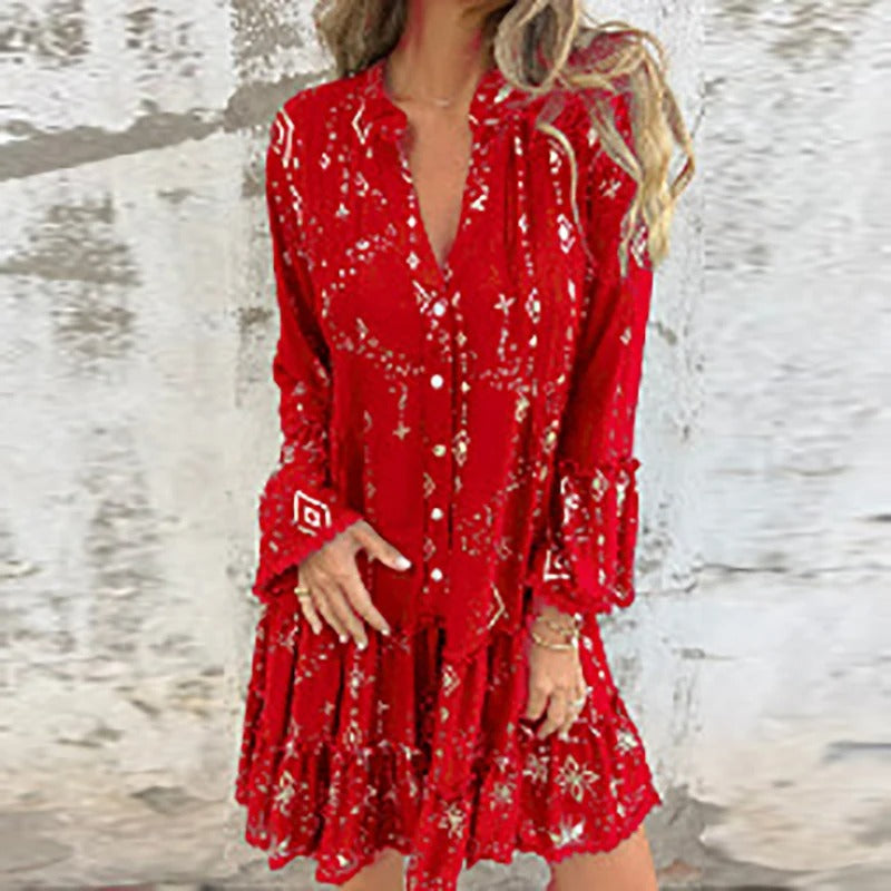 Gillian - Vestido Midi Con Estampado Geométrico y Cuello En V