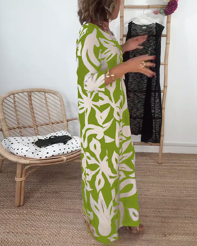 Halina - Vestido de Cuello Redondo, Manga Larga y Estampado