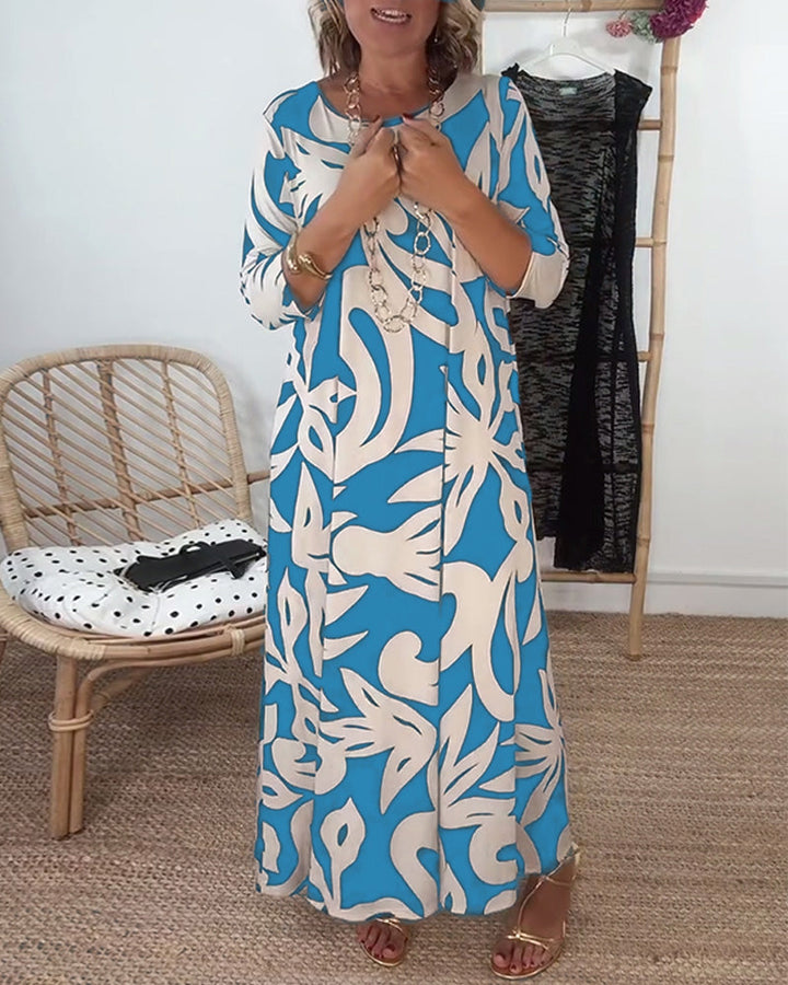 Halina - Vestido de Cuello Redondo, Manga Larga y Estampado