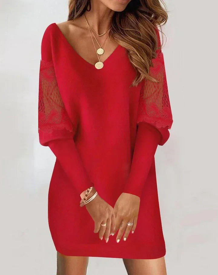 Fenne - Vestido Patchwork de Manga Larga y Escote en Pico