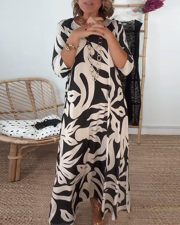 Halina - Vestido de Cuello Redondo, Manga Larga y Estampado