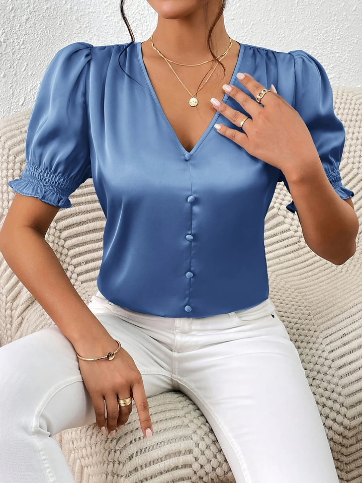 Abella - Elegante Blusa Con Cuello En V y Mangas Abullonadas