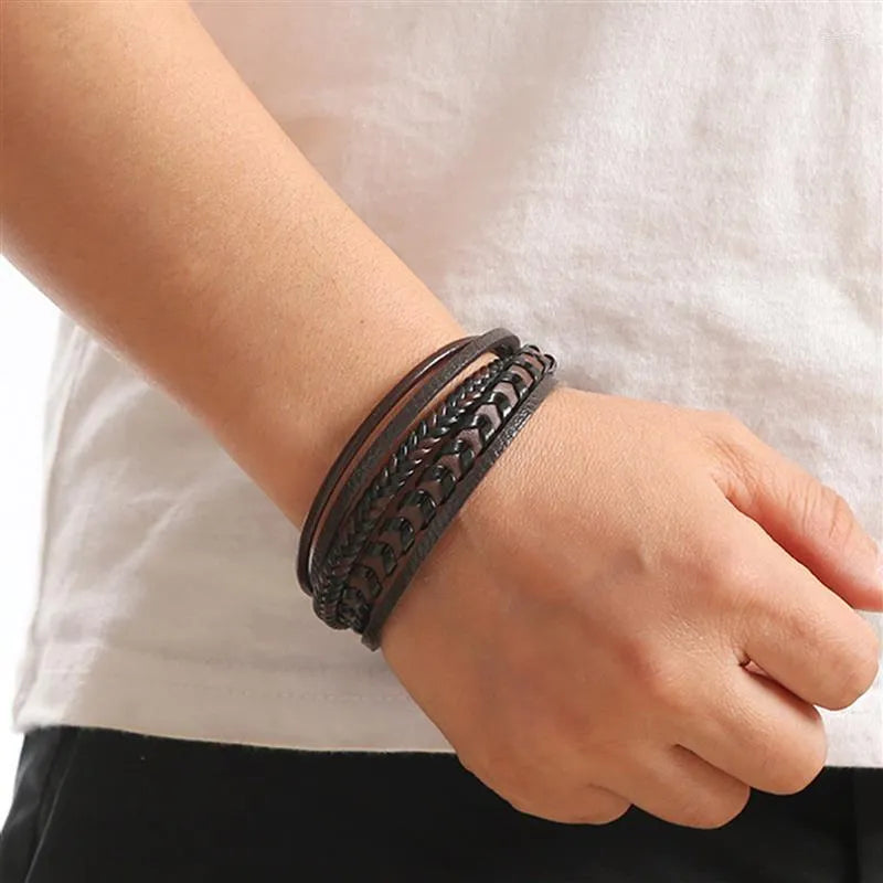 Lennart - Pulsera Trenzada de Cuerda de Cuero Multicapa