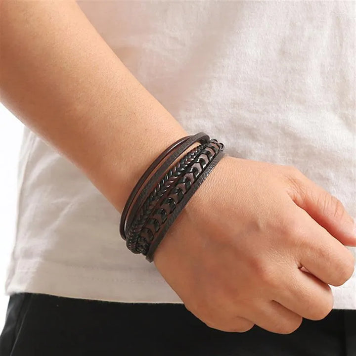 Lennart - Pulsera Trenzada de Cuerda de Cuero Multicapa