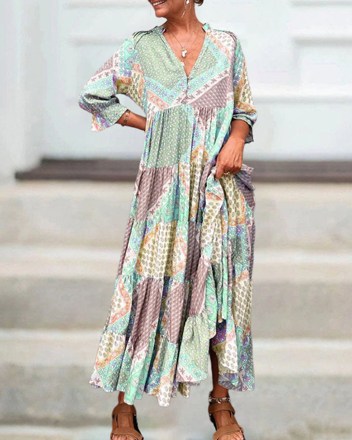 Gunilla -  Vestido Estampado con Cuello de Pico