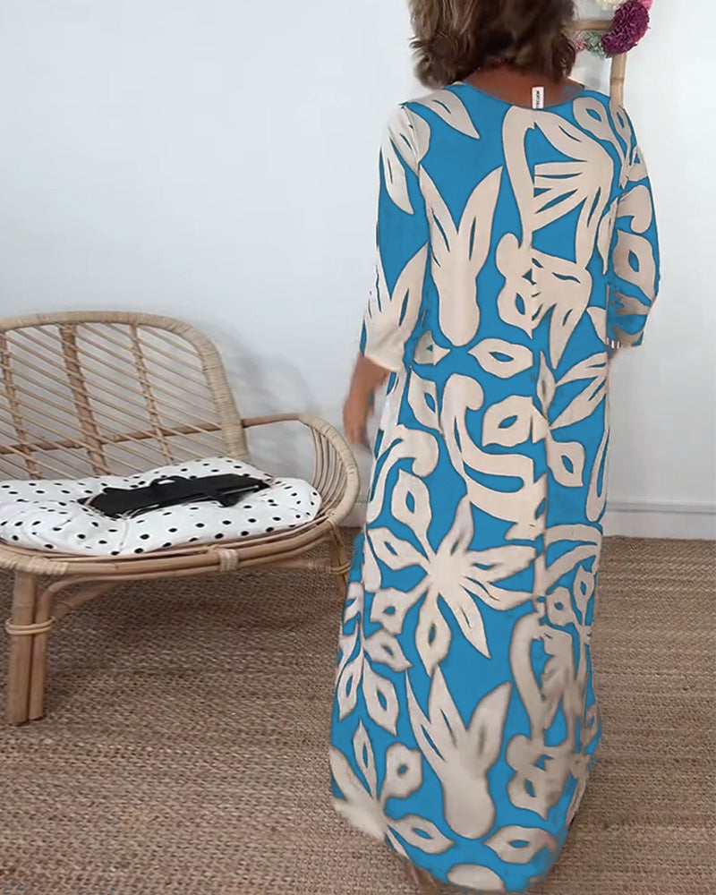 Halina - Vestido de Cuello Redondo, Manga Larga y Estampado