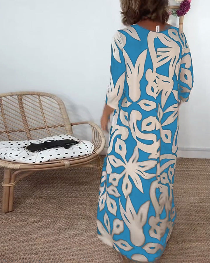 Halina - Vestido de Cuello Redondo, Manga Larga y Estampado