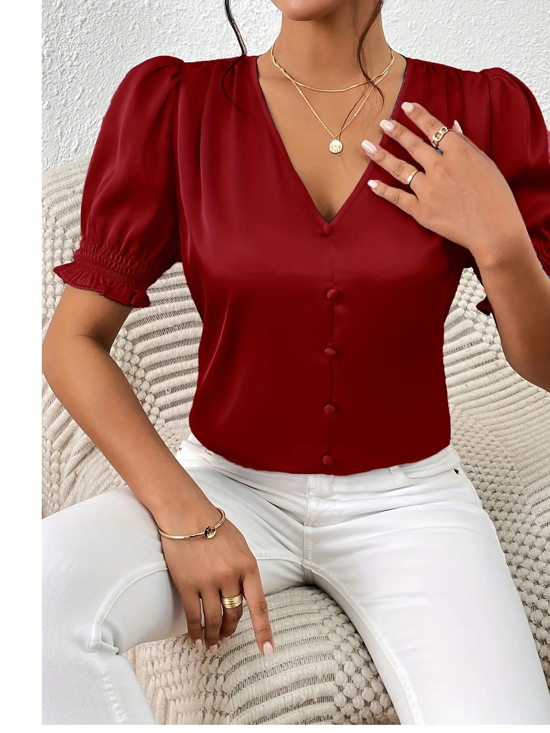 Abella - Elegante Blusa Con Cuello En V y Mangas Abullonadas