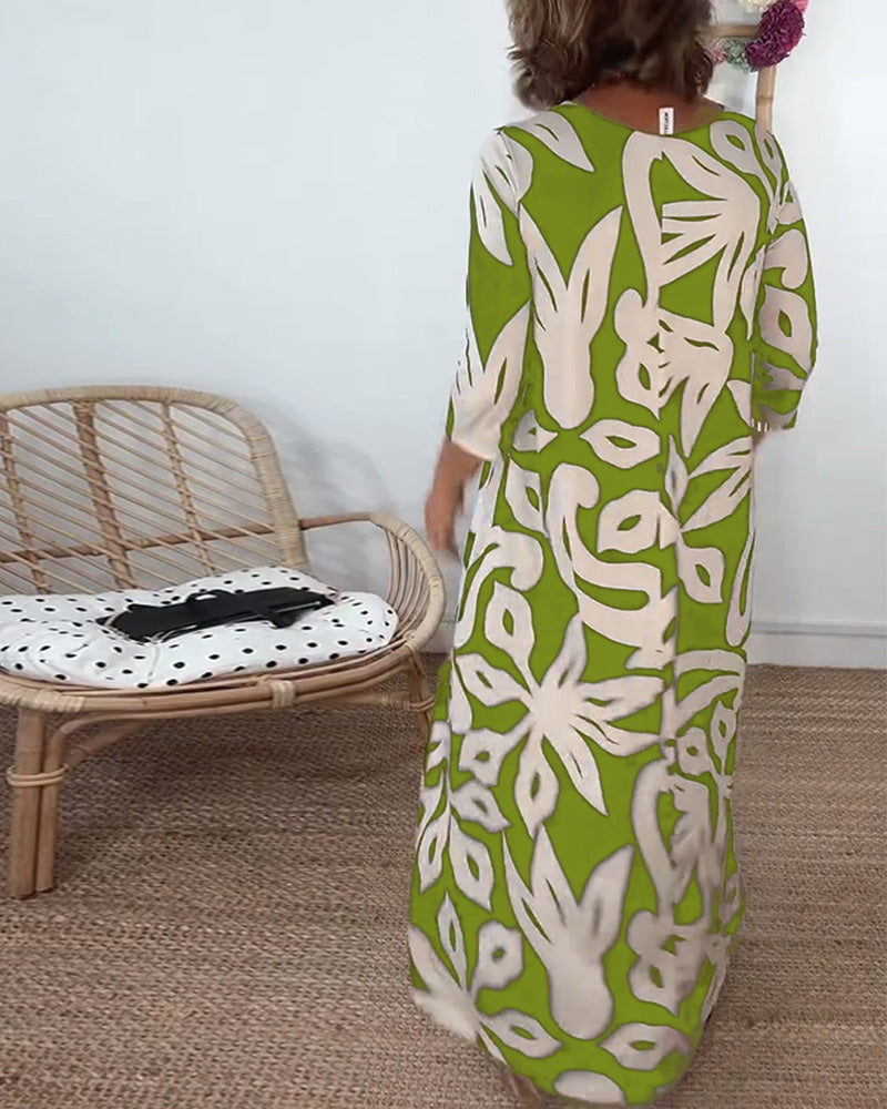Halina - Vestido de Cuello Redondo, Manga Larga y Estampado