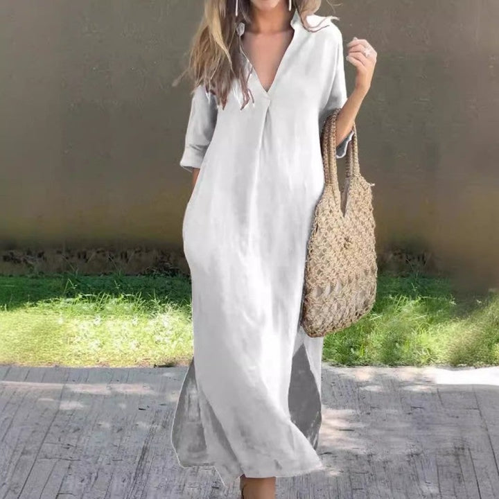 Fionja - Vestido De Lino Estilo Casual Con Cuello En V