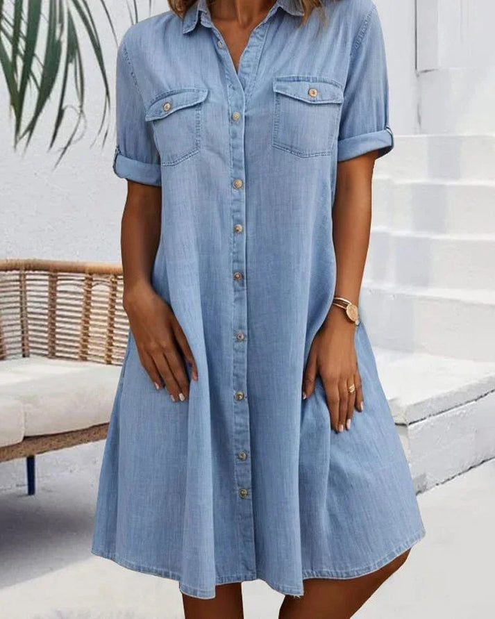 Sveta - Vestido Vaquero de Manga Corta con Botones