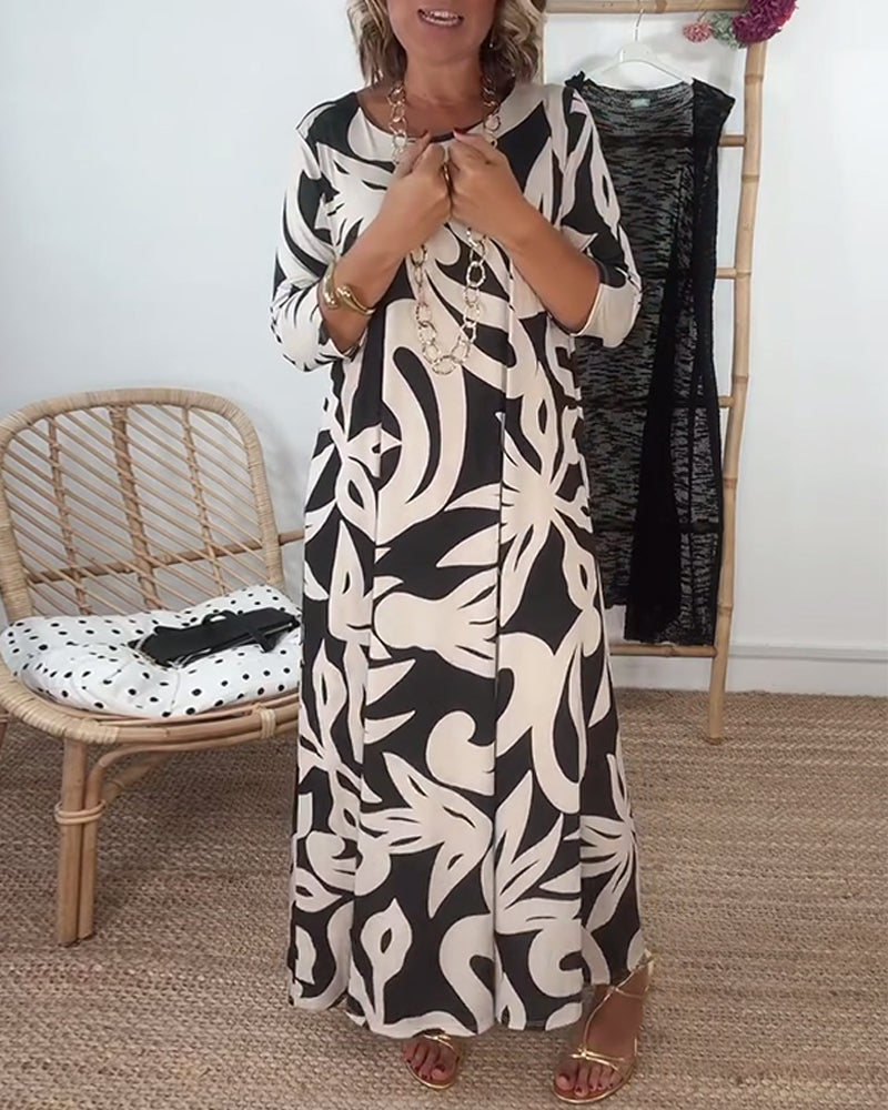 Halina - Vestido de Cuello Redondo, Manga Larga y Estampado