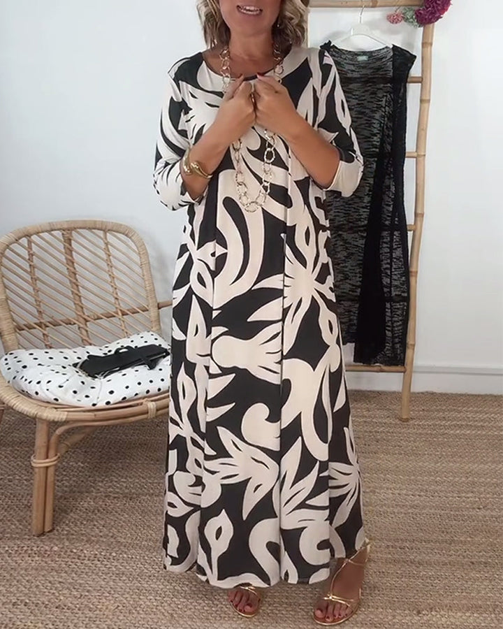 Halina - Vestido de Cuello Redondo, Manga Larga y Estampado