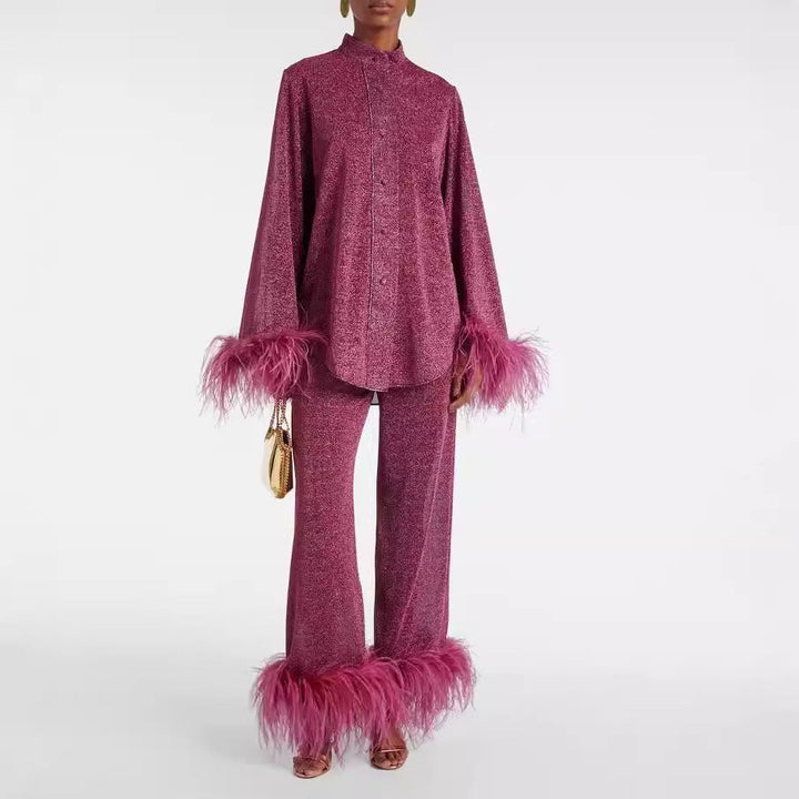 Ilonka - Elegante Conjunto De Cuello y Pantalón Con Plumas