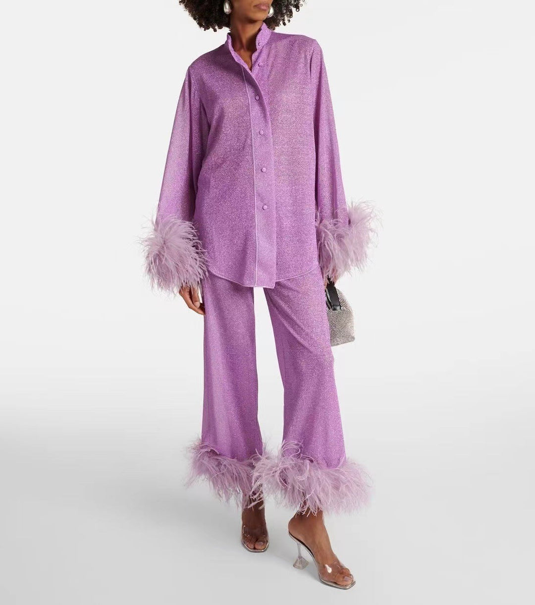 Ilonka - Elegante Conjunto De Cuello y Pantalón Con Plumas