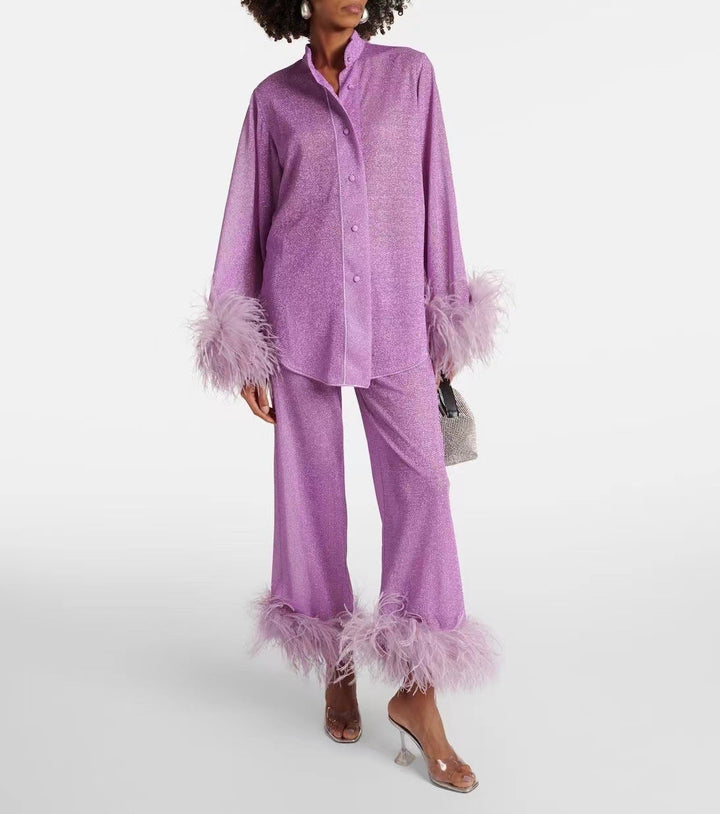 Ilonka - Elegante Conjunto De Cuello y Pantalón Con Plumas