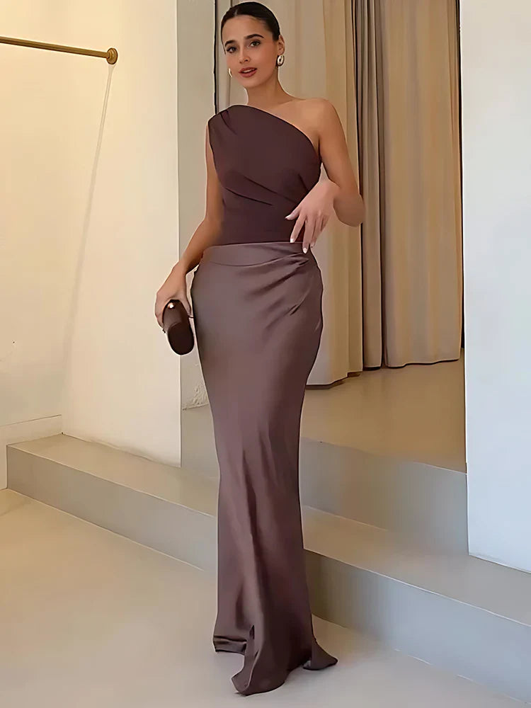 Aleida - Vestido Largo De Satén Con Un Solo Hombro