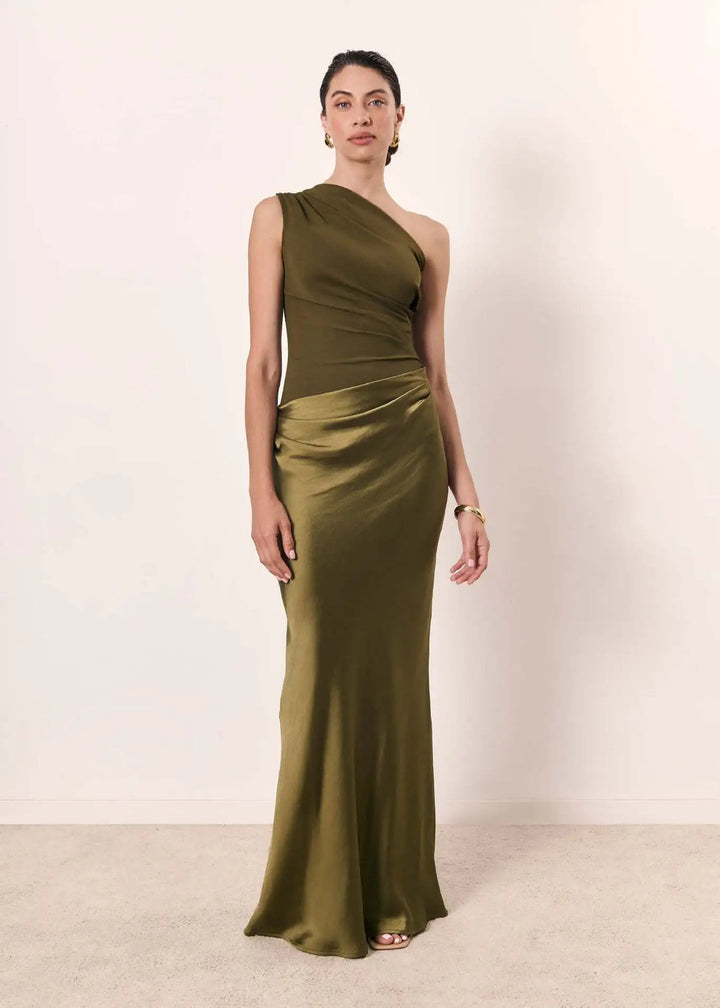Aleida - Vestido Largo De Satén Con Un Solo Hombro