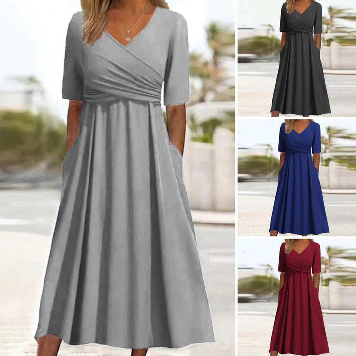 Nitha - Vestido Cruzado Plisado de Manga Corta y Cuello en V