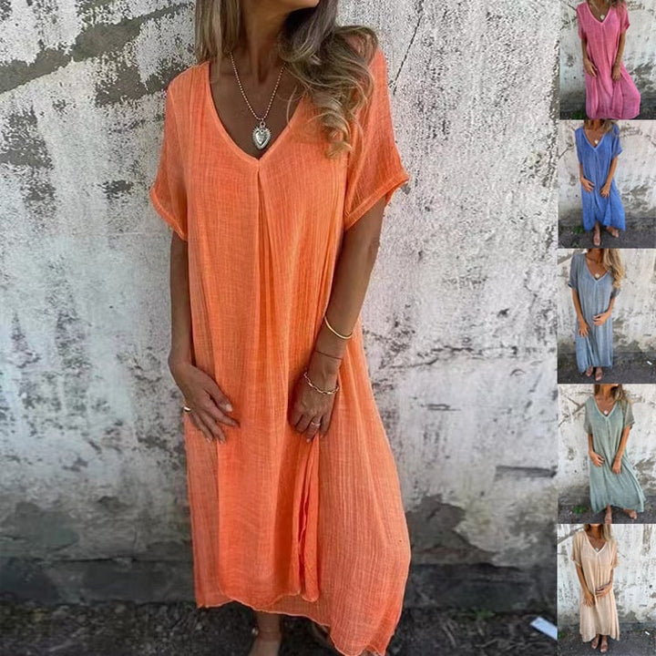 Venetia - Vestido Largo De Algodón y Lino Con Cuello En V