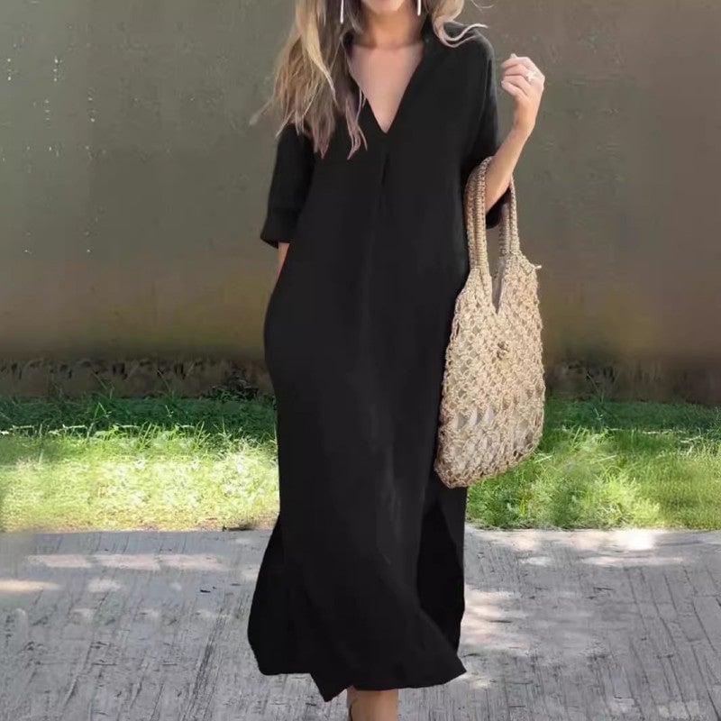 Fionja - Vestido De Lino Estilo Casual Con Cuello En V