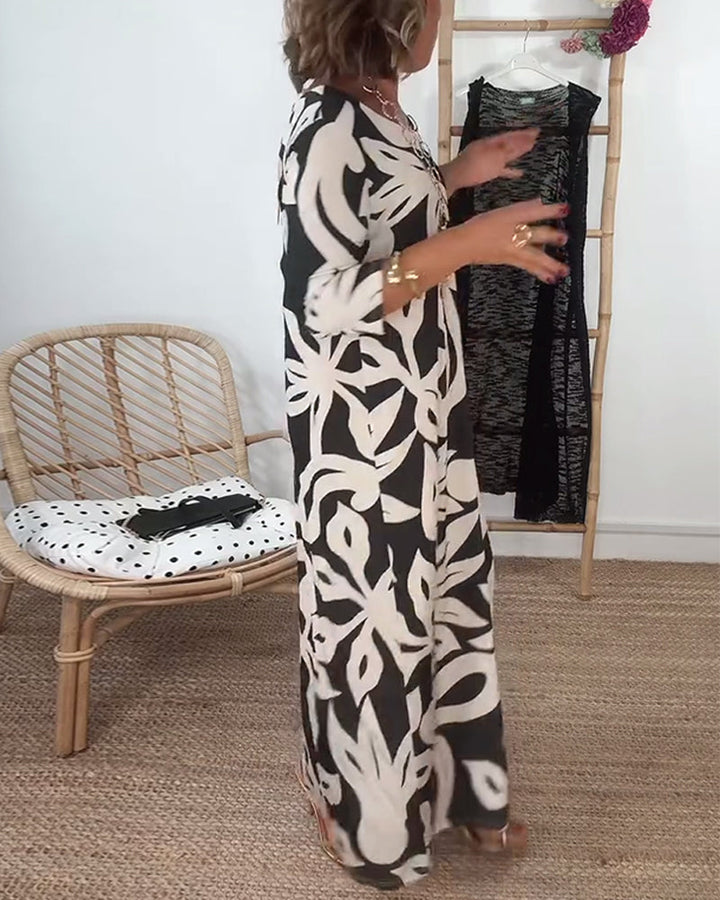 Halina - Vestido de Cuello Redondo, Manga Larga y Estampado