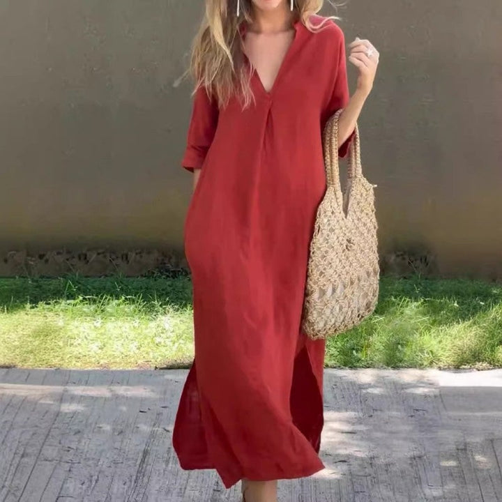 Fionja - Vestido De Lino Estilo Casual Con Cuello En V