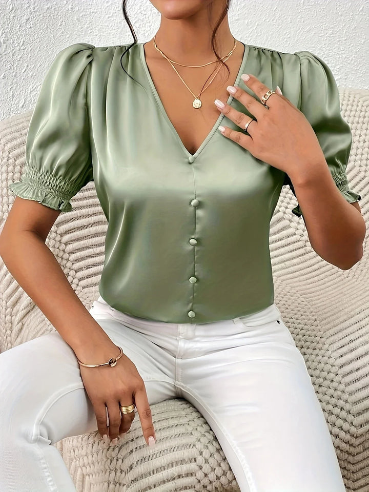 Abella - Elegante Blusa Con Cuello En V y Mangas Abullonadas