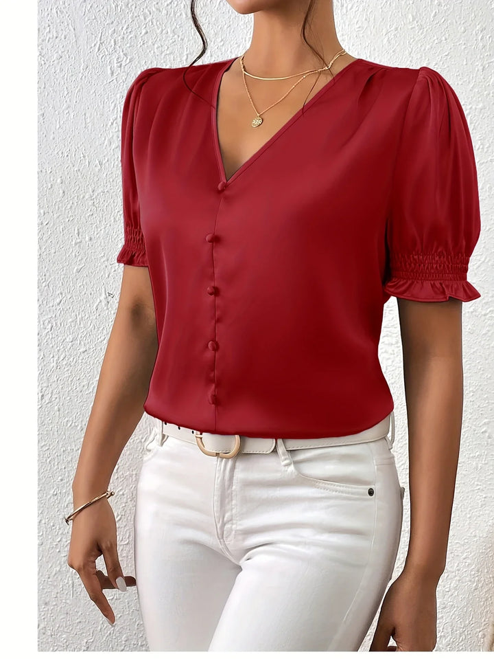 Abella - Elegante Blusa Con Cuello En V y Mangas Abullonadas