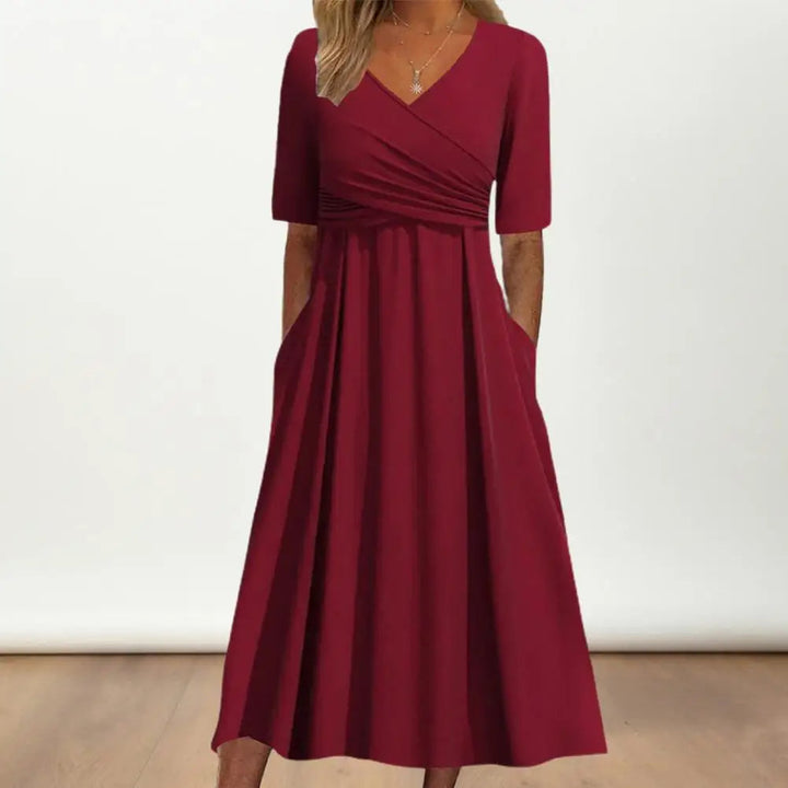Nitha - Vestido Cruzado Plisado de Manga Corta y Cuello en V