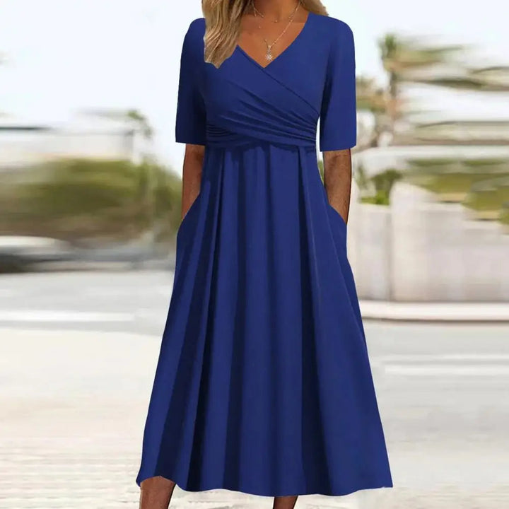 Nitha - Vestido Cruzado Plisado de Manga Corta y Cuello en V