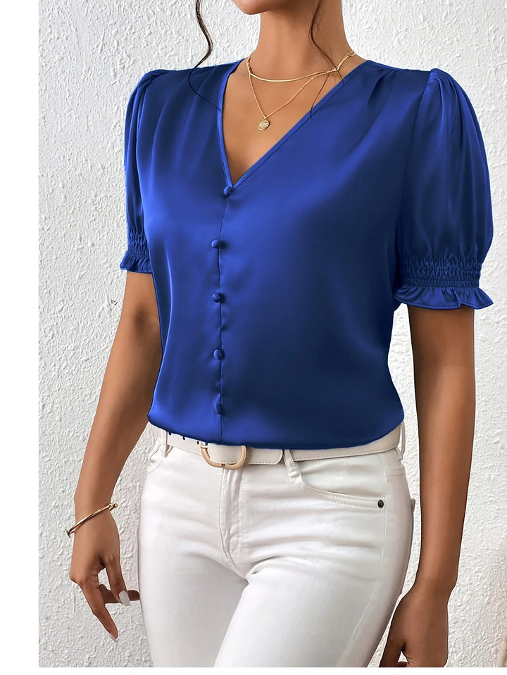 Abella - Elegante Blusa Con Cuello En V y Mangas Abullonadas