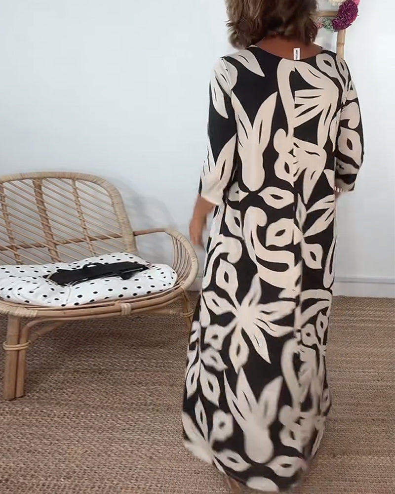 Halina - Vestido de Cuello Redondo, Manga Larga y Estampado