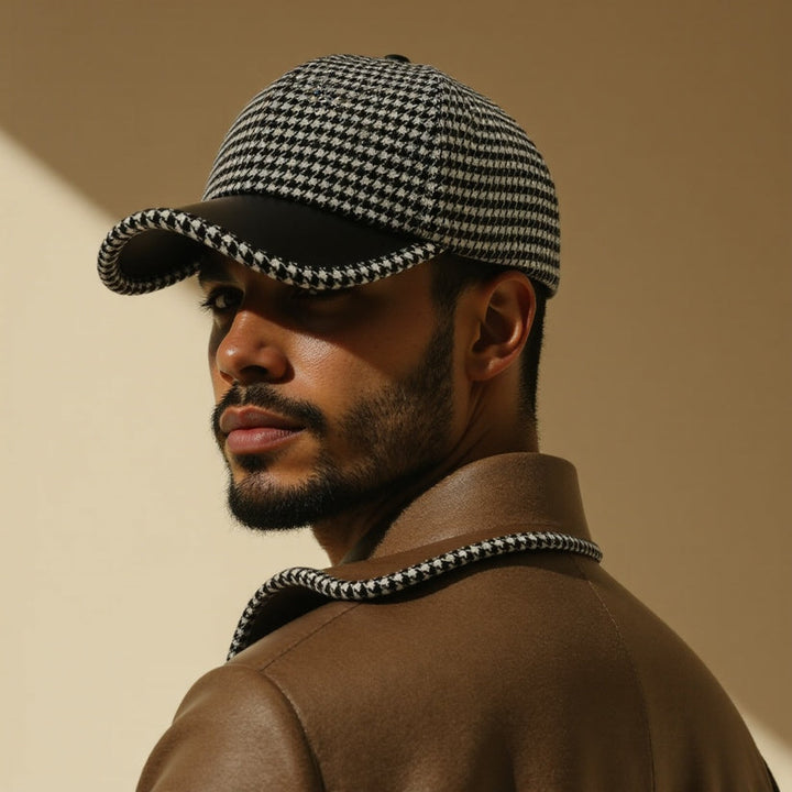 Vanja - Gorra de Cuero con Estampado de Pata de Gallo