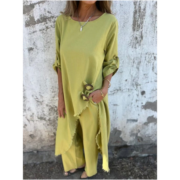 Yeliz - Elegante Traje de dos Piezas de Algodón y Lino