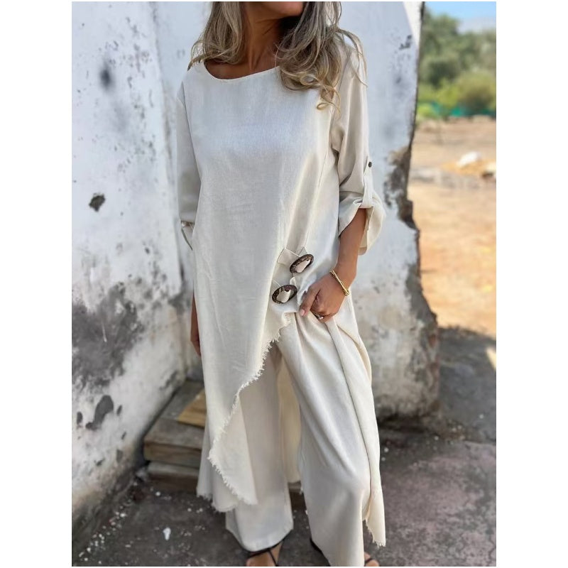 Yeliz - Elegante Traje de dos Piezas de Algodón y Lino