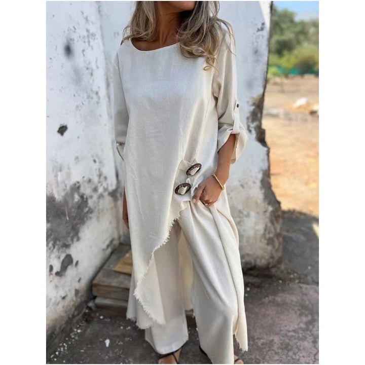 Yeliz - Elegante Traje de dos Piezas de Algodón y Lino