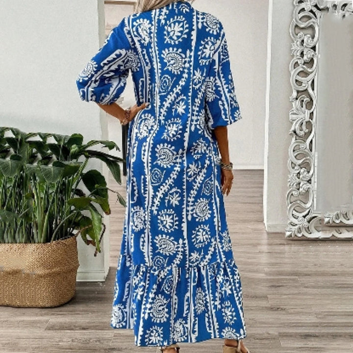 Werena - Elegante Vestido Suelto Estampado Con Cuello En V