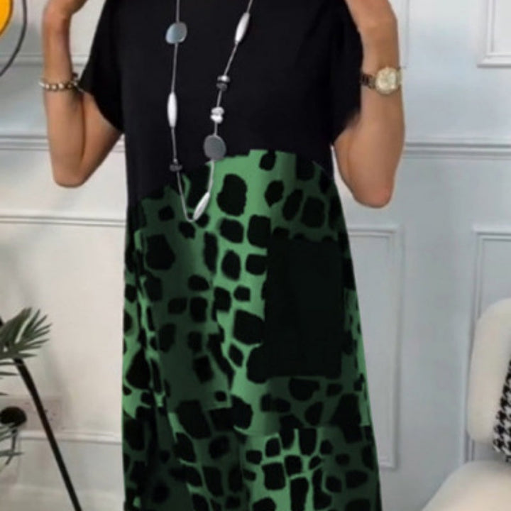 Hansine - Vestido Estampado de Cuello Redondo y Manga Corta